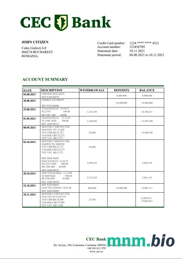 Rumunia CEC Bank szablon w formacie excel pdf